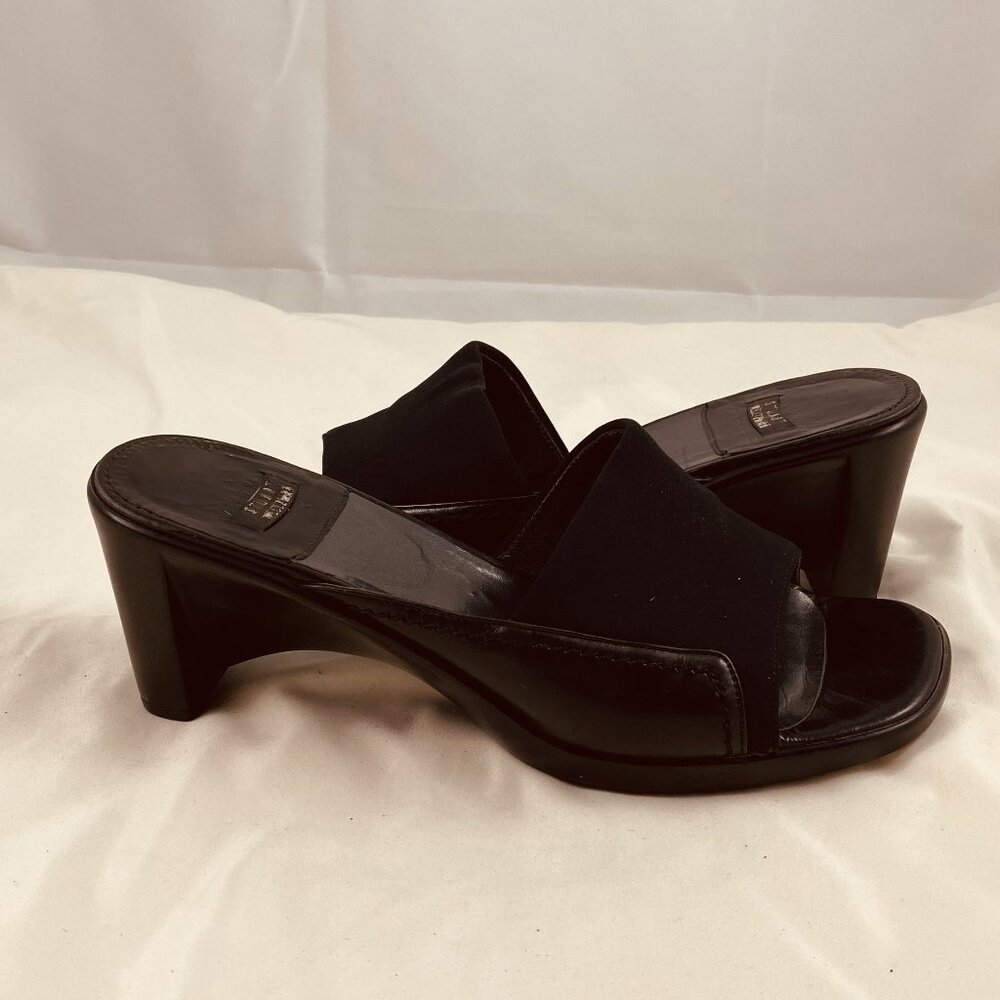 STUART WEITZMAN Black Canvas and Leather Wedge Slide